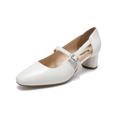 Bata2020春新款复古玛丽珍通勤风真羊皮中高粗跟女凉单鞋6033DAK0