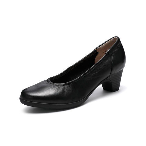 Bata浅口单鞋女2021春季商场新款真羊皮粗跟软底奶奶鞋AQ712AQ1