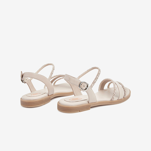 Bata时装凉鞋女2021夏商场新款羊皮平软底闪钻一字带单鞋ABT03BL1