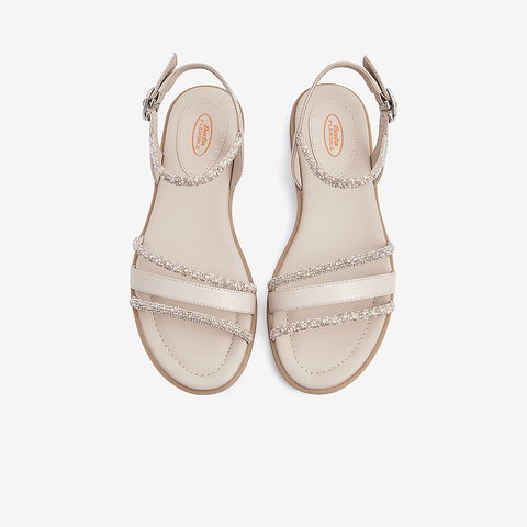 Bata时装凉鞋女2021夏商场新款羊皮平软底闪钻一字带单鞋ABT03BL1