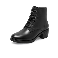 Bata厚底马丁靴女2021秋季商场新款英伦牛皮粗跟短筒靴WPA01CD1