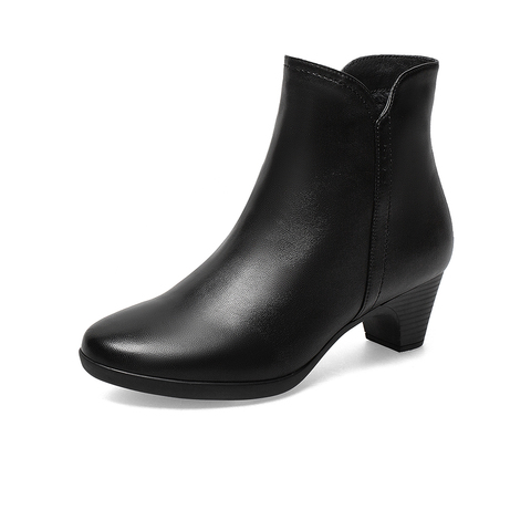 Bata时装靴女2021冬季商场新款百搭粗跟软底羊皮短筒靴AQ754DD1