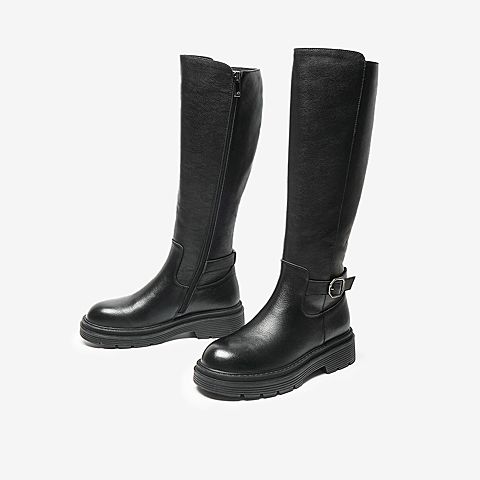 Bata厚底机车骑士靴女2021冬季新款牛皮百搭潮流长筒高靴188A1DG1