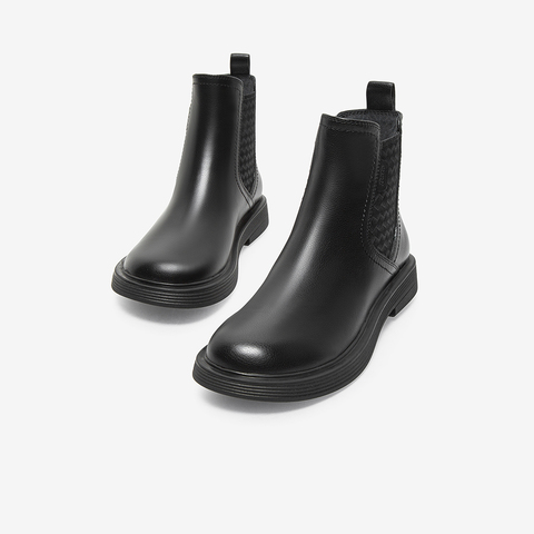 Bata切尔西靴女2021冬商场新款百搭编织牛皮粗跟短筒靴AKQ41DD1