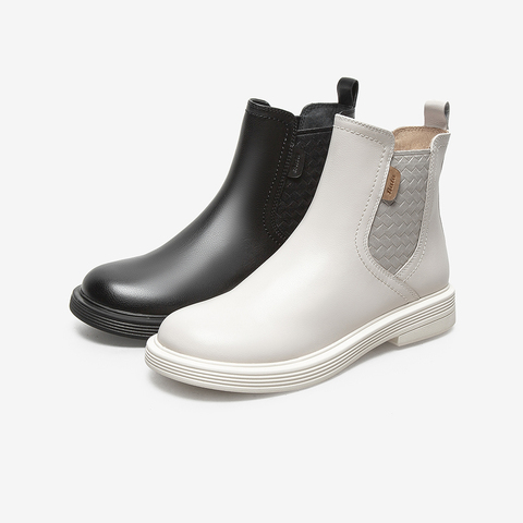 Bata切尔西靴女2021冬商场新款百搭编织牛皮粗跟短筒靴AKQ41DD1