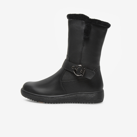 Bata时装靴女2021冬季商场新款百搭真皮平软底中筒靴保暖ABN57DS1
