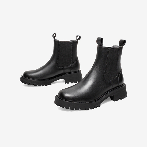 Bata切尔西靴女2021冬季商场新款英伦真牛皮粗跟短筒靴WIG05DD1