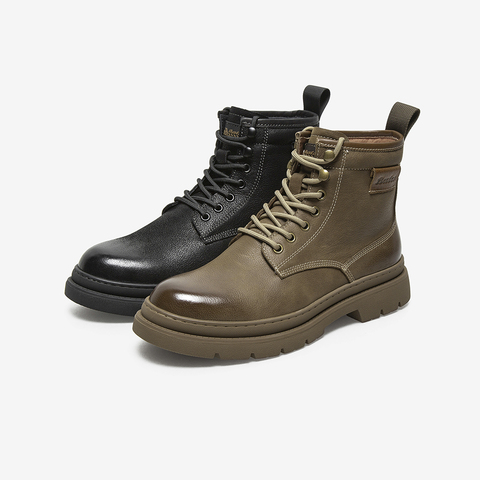 Bata工装马丁靴男2021冬季商场新款英伦牛皮粗跟短筒靴A4943DD1