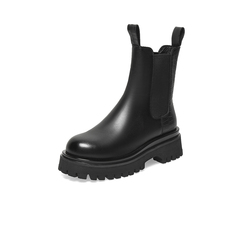 Bata切尔西靴女2021冬季新款潮酷真牛皮厚底粗高跟烟筒靴36017DZ1