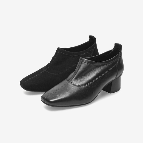 Bata深口鞋女2022春季商场新款百搭复古真羊皮粗跟单鞋28019AM2
