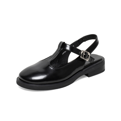 Bata包头凉鞋女2022夏新款真牛皮玛丽珍粗跟娃娃鞋ASP20BH2