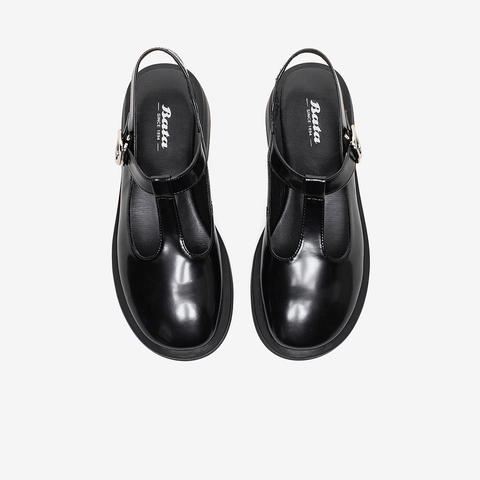 Bata包头凉鞋女2022夏新款真牛皮玛丽珍粗跟娃娃鞋ASP20BH2