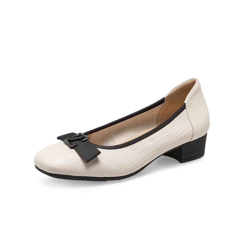 Bata浅口单鞋女2023春季商场新款羊皮粗跟软底蝴蝶结单鞋AOX06AQ3