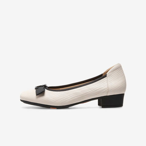 Bata浅口单鞋女2023春季商场新款羊皮粗跟软底蝴蝶结单鞋AOX06AQ3