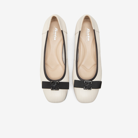 Bata浅口单鞋女2023春季商场新款羊皮粗跟软底蝴蝶结单鞋AOX06AQ3