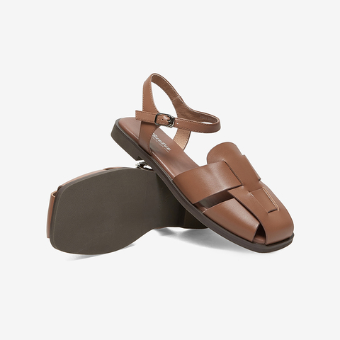 Bata包头凉鞋女2023春季新款平底牛皮镂空复古百搭罗马鞋93511AH3