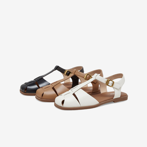 Bata包头凉鞋女2023夏季商场新款牛皮镂空复古软底罗马鞋ARP02BL3