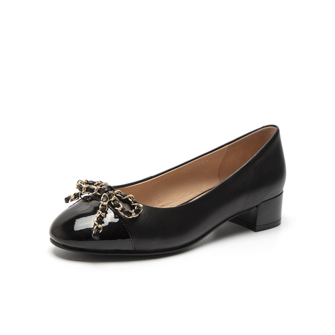 Bata浅口单鞋女2023秋季新款小香风羊皮粗跟舒适通勤单鞋A398DCQ3