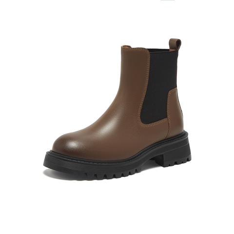 Bata切尔西靴女2023冬季商场新款牛皮英伦粗跟通勤短筒靴VEE36DD3