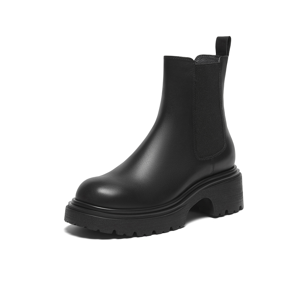 Bata切尔西靴女2023冬季新款英伦风牛皮粗跟通勤短筒靴36251DD3