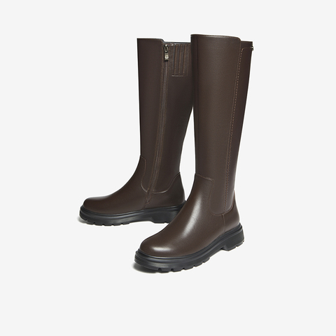 Bata及膝时装靴女2023冬商场新款牛皮粗跟骑士显瘦长筒靴WAG18DG3