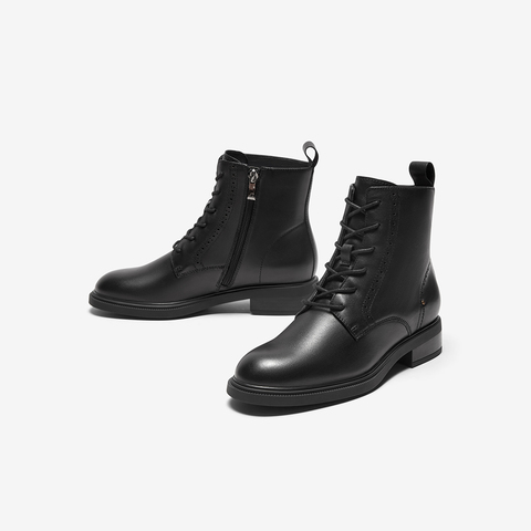 Bata马丁靴女2023冬季商场新款牛皮英伦风牛皮粗跟短筒靴AKL54DD3