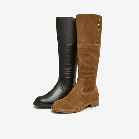 Bata骑士靴女2023冬季新款英伦牛皮百搭长筒粗跟软底长靴AKL83DC3