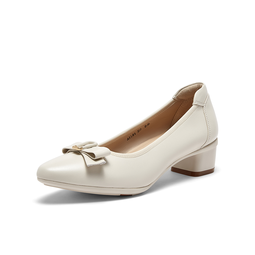 Bata浅口单鞋女2024春季商场新款羊皮粗跟通勤蝴蝶结单鞋ARL01AQ4