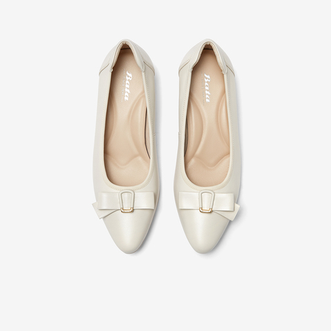 Bata浅口单鞋女2024春季商场新款羊皮粗跟通勤蝴蝶结单鞋ARL01AQ4