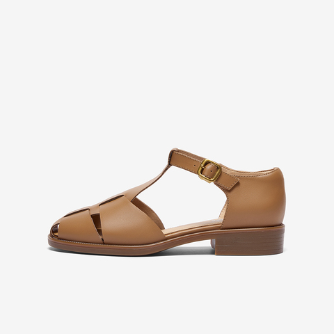 Bata包头凉鞋女2024春新款牛皮镂空复古英伦丁字鞋罗马鞋ATA27AK4