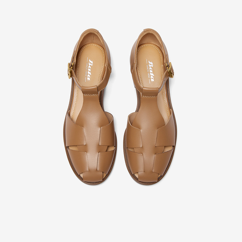 Bata包头凉鞋女2024春新款牛皮镂空复古英伦丁字鞋罗马鞋ATA27AK4