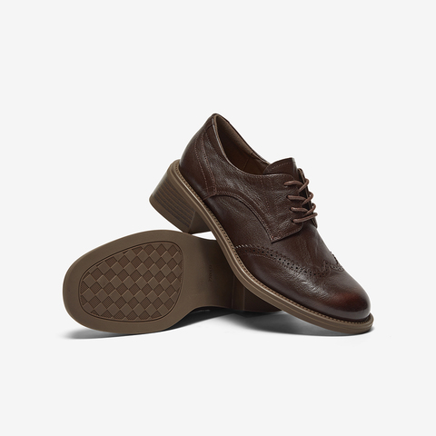 Bata牛津鞋女2024秋季新款英伦风羊皮粗跟布洛克小皮鞋45019CM4