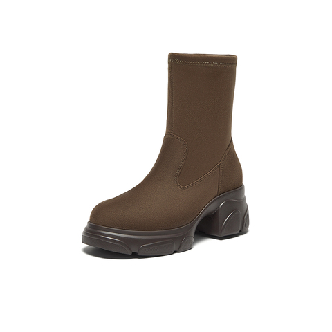 Bata弹力瘦瘦靴女2024冬季商场新款通勤百搭粗跟短筒靴UJR01DZ4