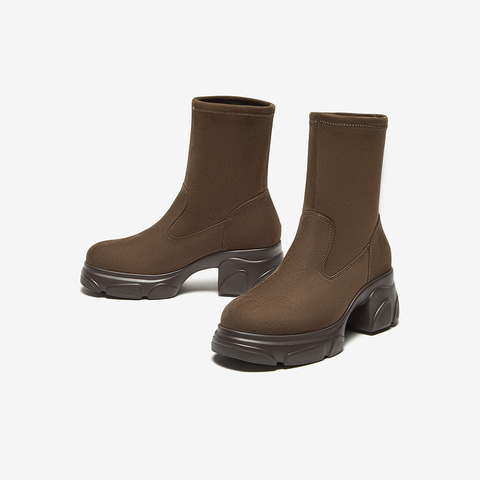 Bata弹力瘦瘦靴女2024冬季商场新款通勤百搭粗跟短筒靴UJR01DZ4