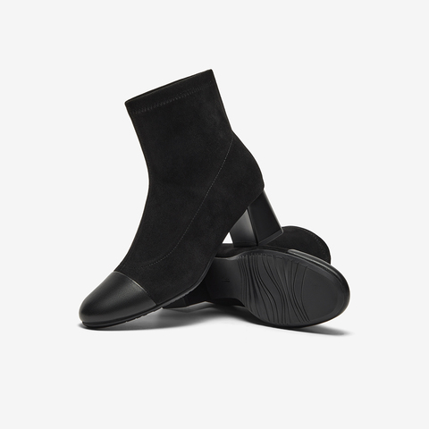 Bata弹力瘦瘦靴女2024冬季商场羊皮通勤百搭粗跟短筒靴ALV55DD4