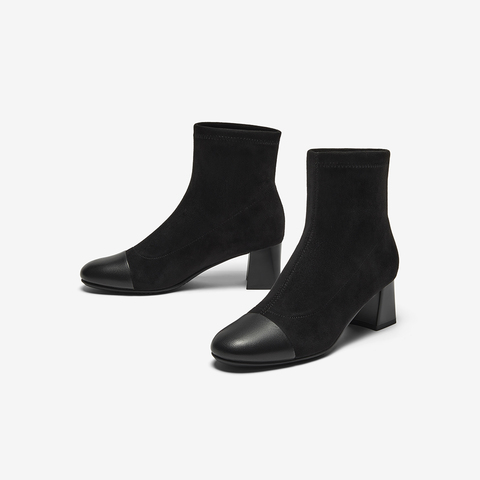 Bata弹力瘦瘦靴女2024冬季商场羊皮通勤百搭粗跟短筒靴ALV55DD4