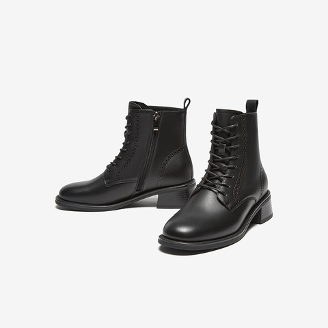 Bata马丁靴女2024冬季新款牛皮英伦风牛皮粗跟纹理短筒靴48017DD4