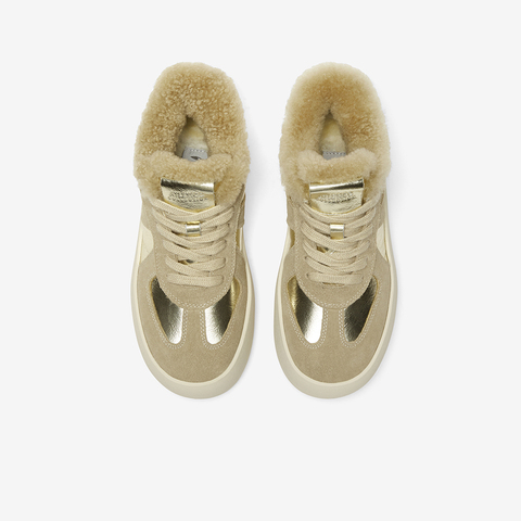 Bata休闲鞋女2024冬商场新款通勤牛剖皮运动厚底毛毛鞋05651DM4