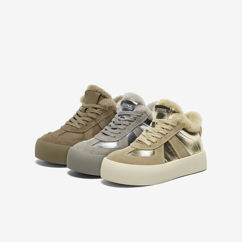 Bata休闲鞋女2024冬商场新款通勤牛剖皮运动厚底毛毛鞋05651DM4