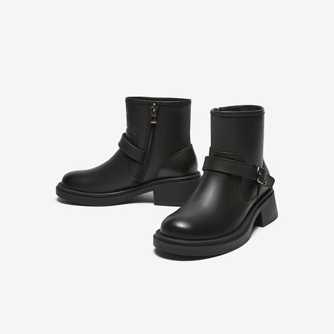 Bata时装靴女2024冬季新款英伦风粗跟牛皮通勤百搭短筒靴AGR41DD4