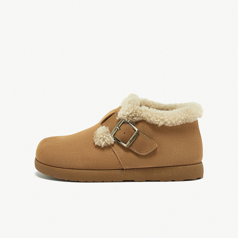Bata勃肯毛毛鞋女2024冬商场新款英伦牛剖皮通勤保暖单鞋30926DM4
