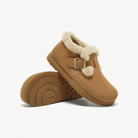 Bata勃肯毛毛鞋女2024冬商场新款英伦牛剖皮通勤保暖单鞋30926DM4