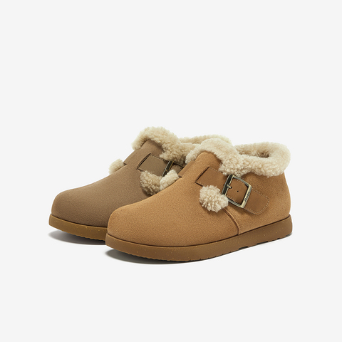 Bata勃肯毛毛鞋女2024冬商场新款英伦牛剖皮通勤保暖单鞋30926DM4
