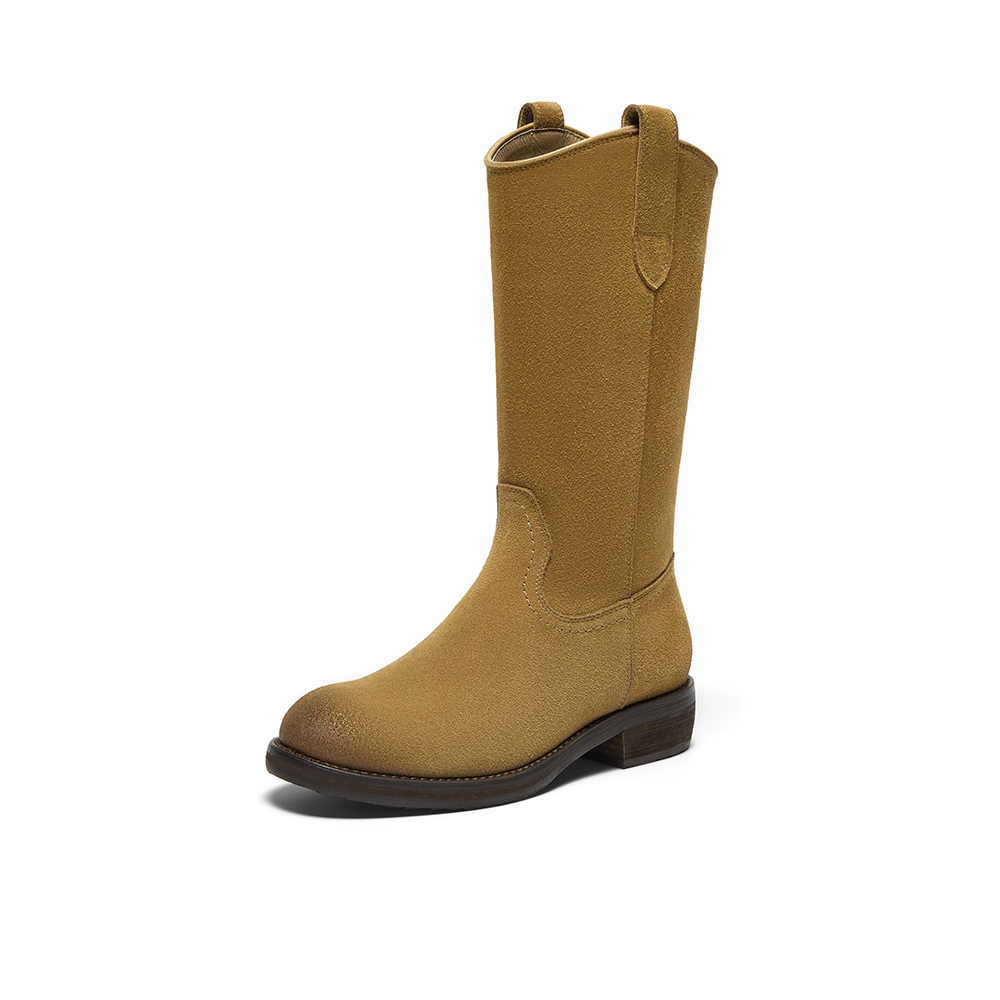 Bata小耳朵西部靴女2024冬牛剖皮百搭复古时尚长筒时装靴6853DDG4