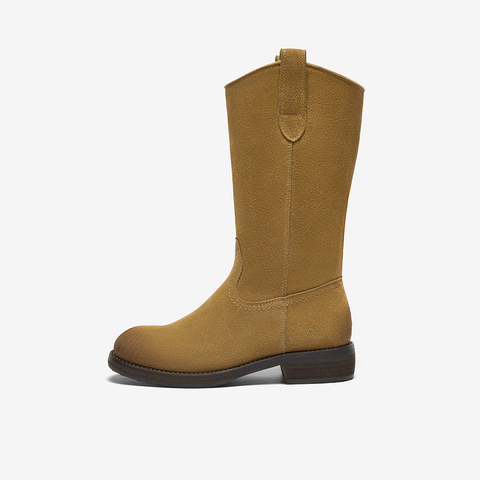 Bata小耳朵西部靴女2024冬牛剖皮百搭复古时尚长筒时装靴6853DDG4