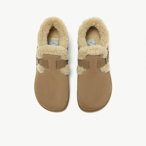 Bata勃肯毛毛鞋女2024冬商场新款英伦牛剖皮通勤保暖单鞋30926DM4