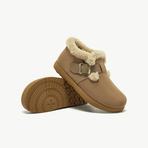 Bata勃肯毛毛鞋女2024冬商场新款英伦牛剖皮通勤保暖单鞋30926DM4