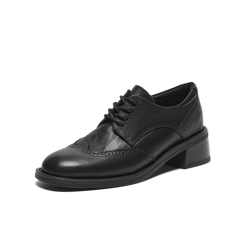 Bata牛津鞋女2024秋季新款英伦风羊皮粗跟布洛克小皮鞋45019CM4