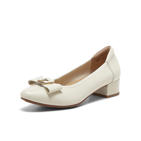 Bata浅口单鞋女2025春商场新款羊皮粗跟通勤蝴蝶结单鞋6296DAQ5