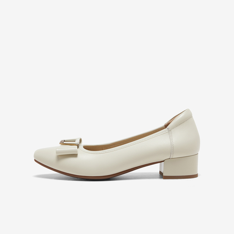 Bata浅口单鞋女2025春商场新款羊皮粗跟通勤蝴蝶结单鞋6296DAQ5